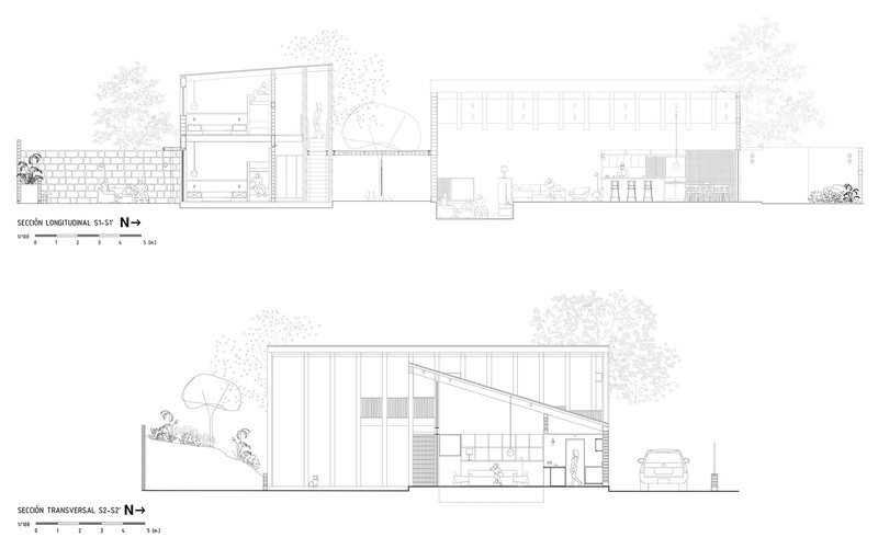 Longitudinal and transverse section drawings revealing the sloped roof and internal spatial relationships with surrounding vegetation