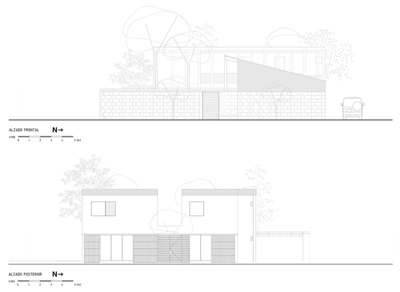 Front and rear elevation drawings showing block wall base and glazed upper volume with trees