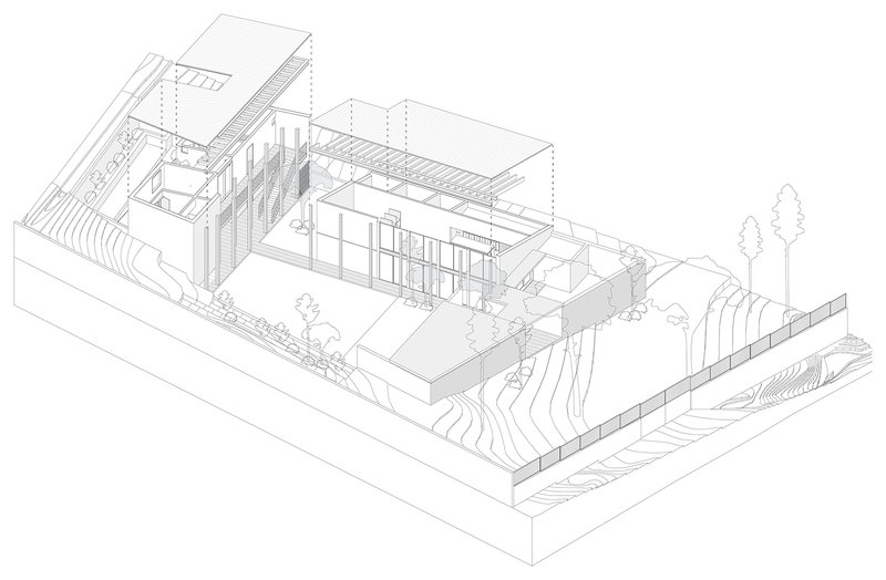 Axonometric drawing showing the building volumes with terraced landscaping and courtyard spaces