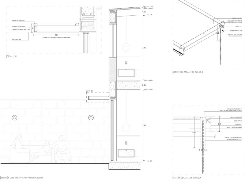 Wall section detail drawings showing floor levels, column connections, and construction assembly with material annotations