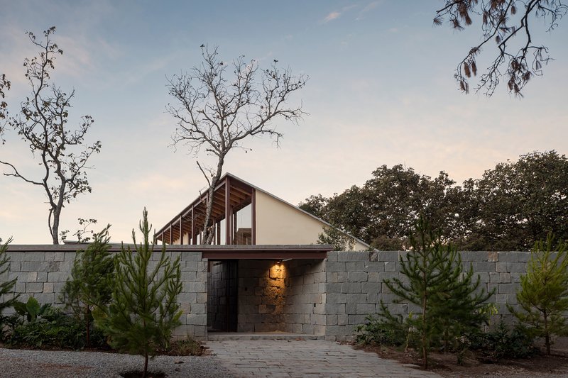Street entrance through a grey concrete block wall with small pine trees at dusk