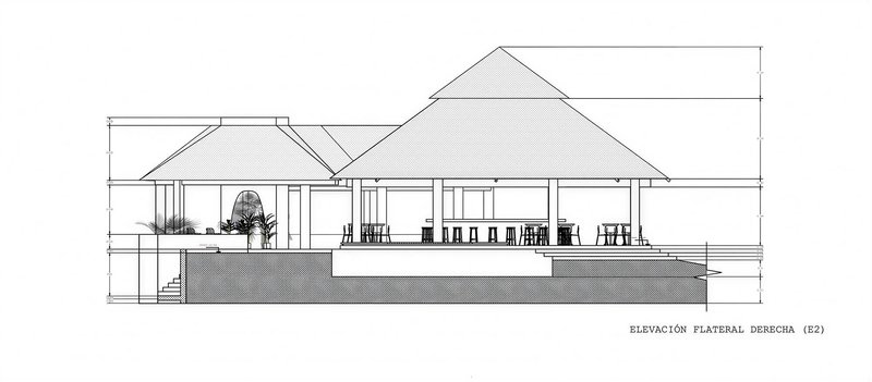 Sectional elevation drawing revealing open interior spaces beneath a pyramidal roof with furniture silhouettes
