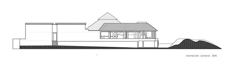 Lateral elevation drawing depicting a raised pavilion with pyramidal roof against a hillside silhouette