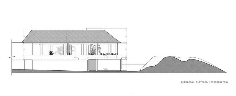 Sectional elevation drawing showing a two-level structure with pyramidal roof and adjacent terrain contours