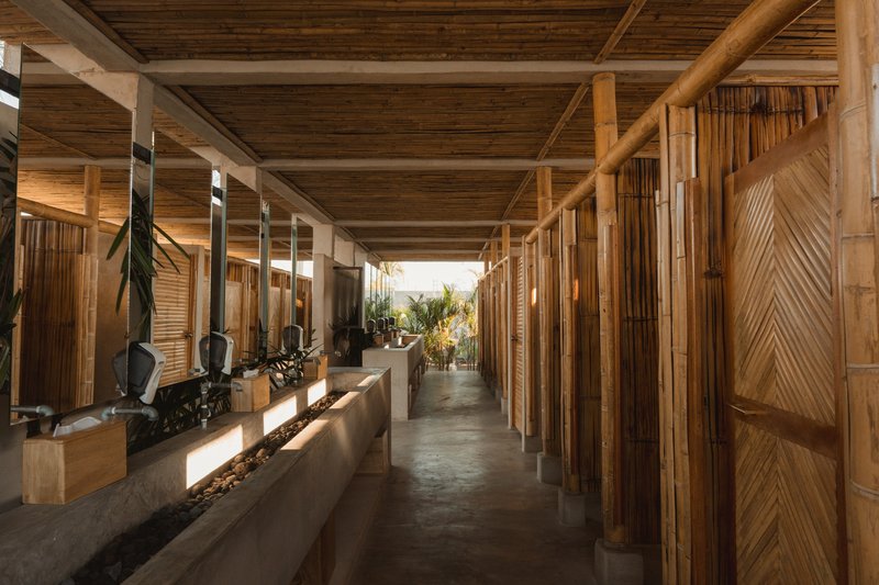 Interior corridor with exposed timber ceiling beams, bamboo wall panels and polished concrete planters in sunlight