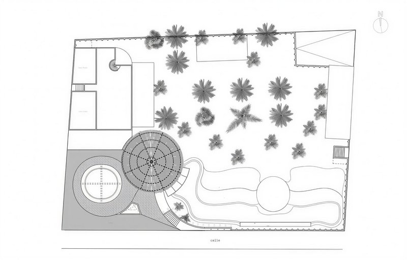 Floor plan drawing showing circular structure with radiating seating and adjacent pool deck