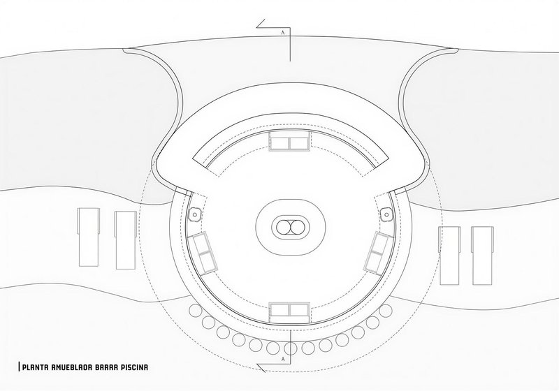 Floor plan drawing showing a circular bar and pool area with curved perimeter seating elements