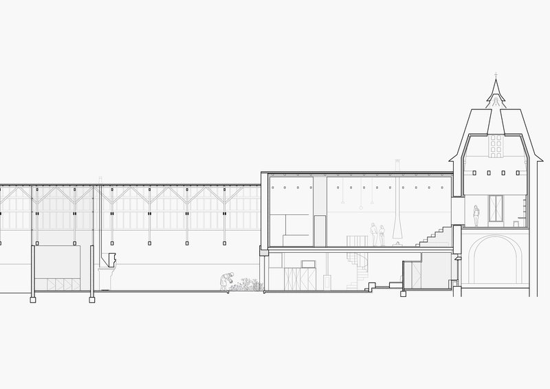 Section drawing through volumes showing timber roof structure, interior levels, and gabled barn form