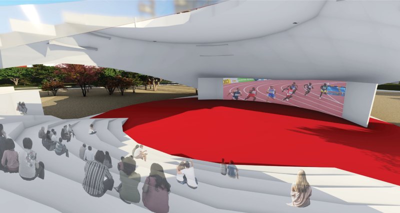 The central spectator hub transforms sports viewing into a vibrant collective public experience.