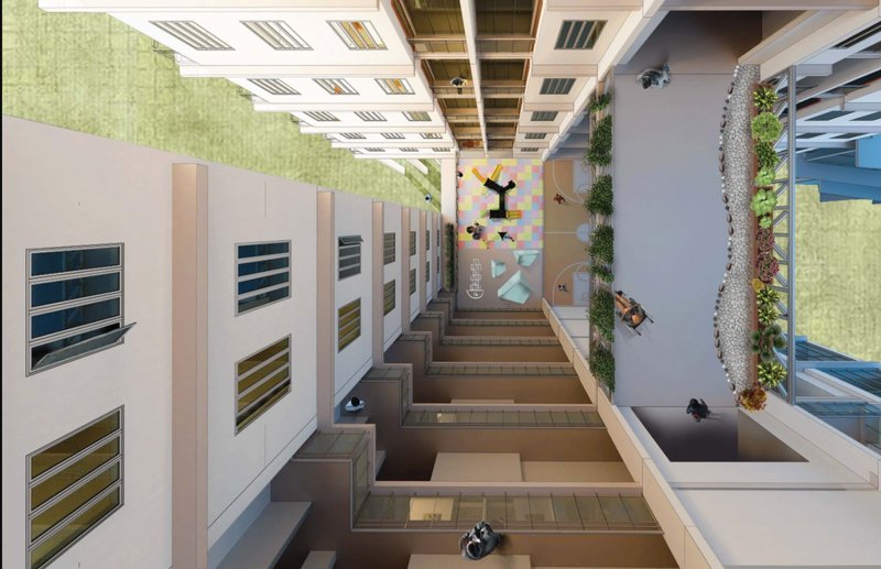 Courtyard view showing vertical residential blocks arranged around a shared social core.