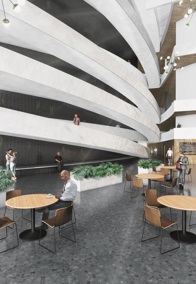 The interior lobby combines curved circulation, public seating, and open gathering spaces.