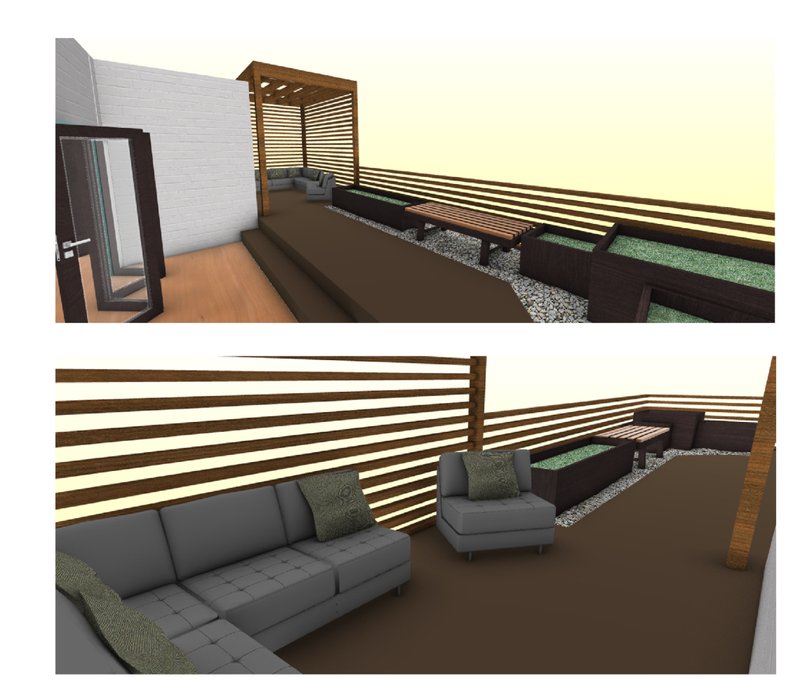 Patio lounge with timber screens, soft seating, planters, and a calm outdoor café atmosphere.