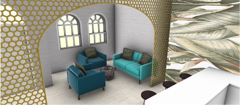 Cozy lounge corner with teal seating, arched windows, botanical wallpaper, and a gold honeycomb partition.