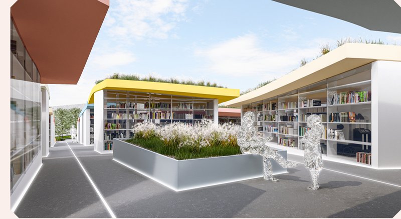 Open book-lined pathways create an accessible reading environment around planted courtyards.