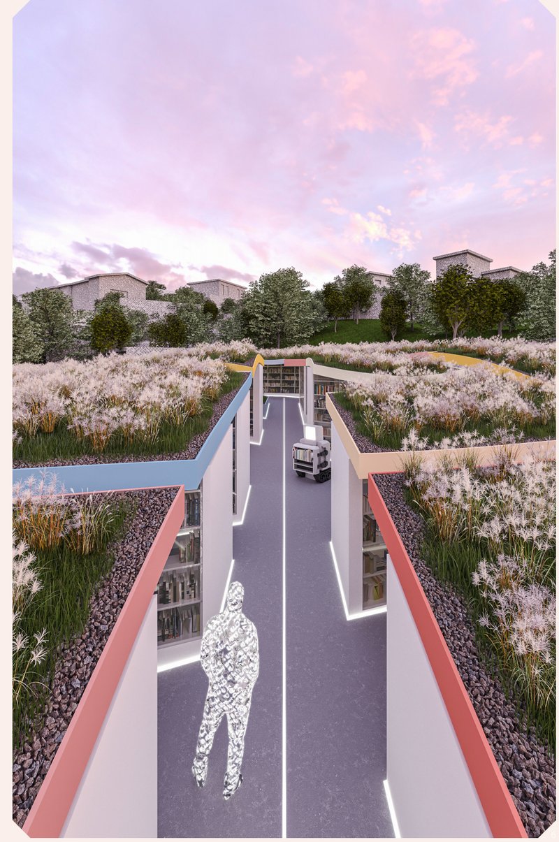 A sunken library corridor framed by illuminated bookshelves and evolving vegetated roofs.