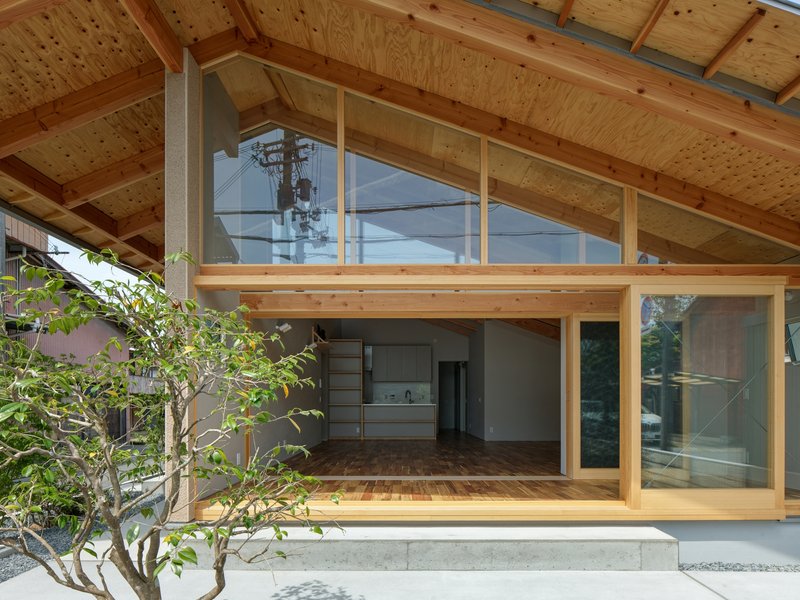 Open living space with exposed timber beams and mezzanine overlooking the gravel courtyard and tree