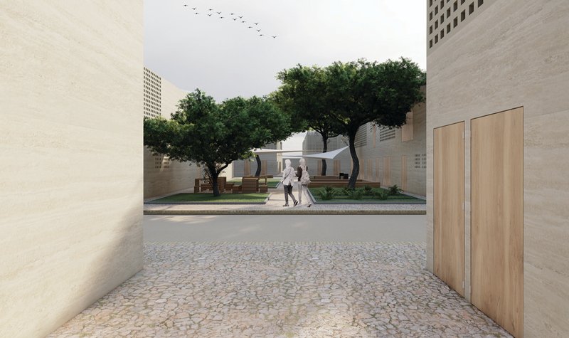 Shared courtyards create calm gathering spaces between homes and community life.