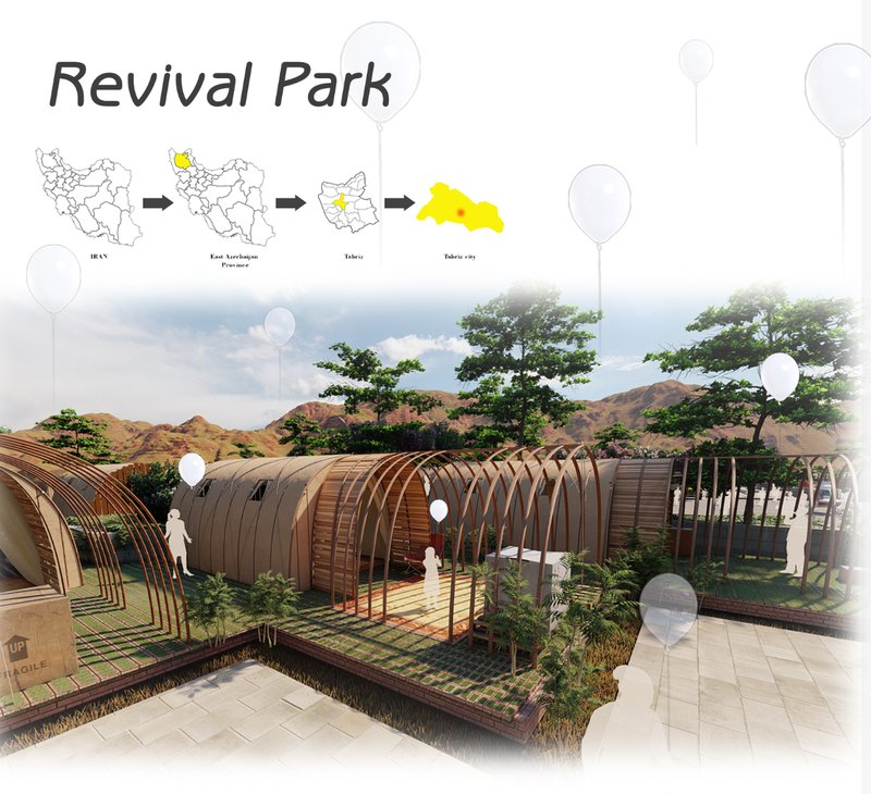 Revival Park’s arched wooden shelters combine local materials with a flexible layout for temporary housing.