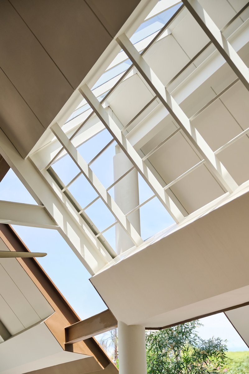 Upward view through timber-framed skylight with geometric glazing and potted plants on upper level