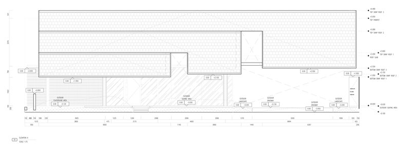 Section drawing illustrating the flat roof planes and interior ceiling heights across multiple volumes