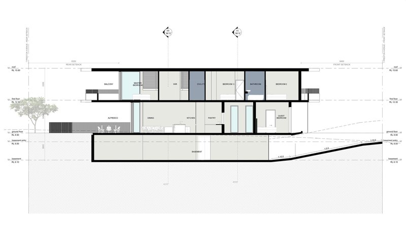 Section drawing showing the sloping site with a tree and stepped interior levels from street to rear