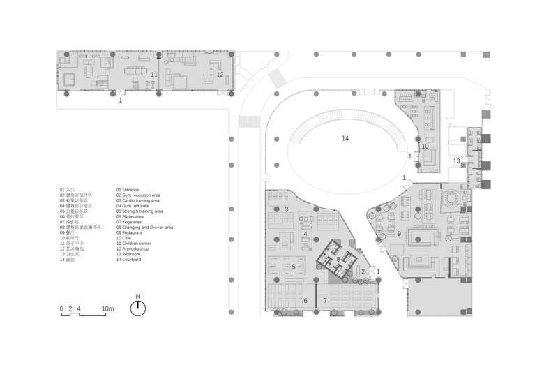 Floor plan drawing showing a linear wing and a curved S-shaped main volume with numbered rooms