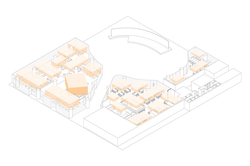 Axonometric drawing highlighting interior circulation zones in peach across three connected volumes