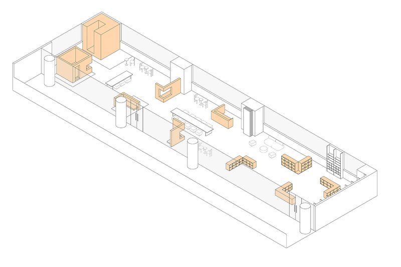 Axonometric drawing of a long rectangular volume showing furniture layouts and timber circulation elements in peach