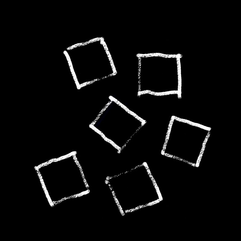 Diagram showing six white square outlines scattered and rotated against a black background