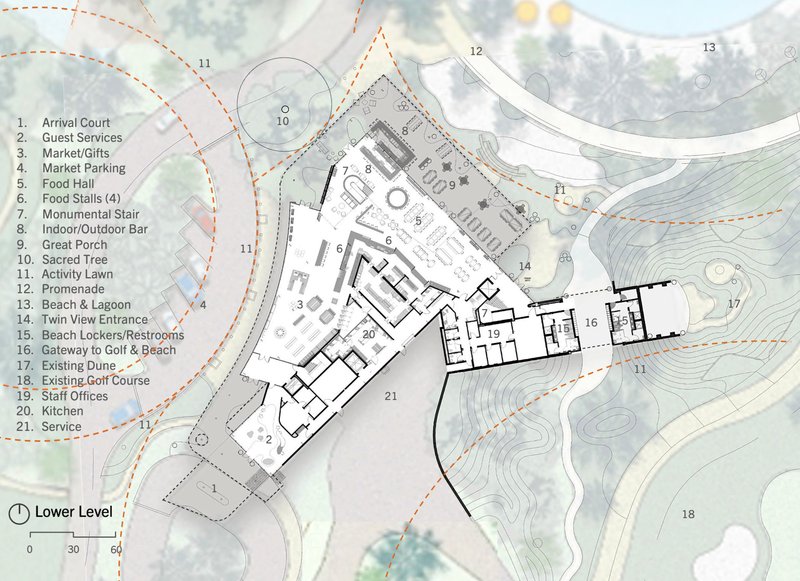 Lower level floor plan drawing overlaid on topographic site contours with numbered program zones
