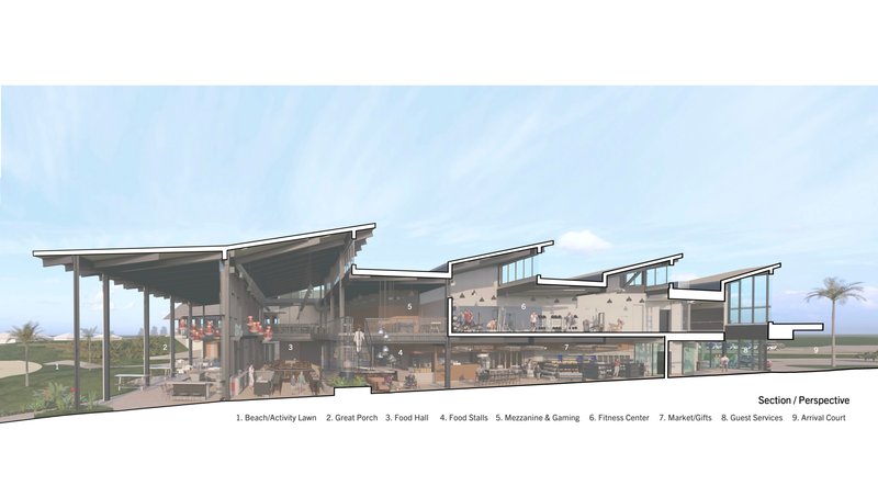 Section drawing showing the sloped roof forms and glazed walls with interior program visible