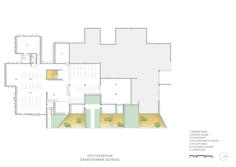 Stilt floor plan drawing showing classroom layout with courtyard zones highlighted in yellow and green