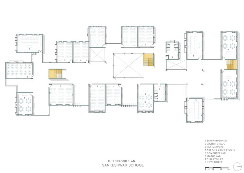 Third floor plan drawing showing upper-level classroom layout with circulation cores marked in yellow