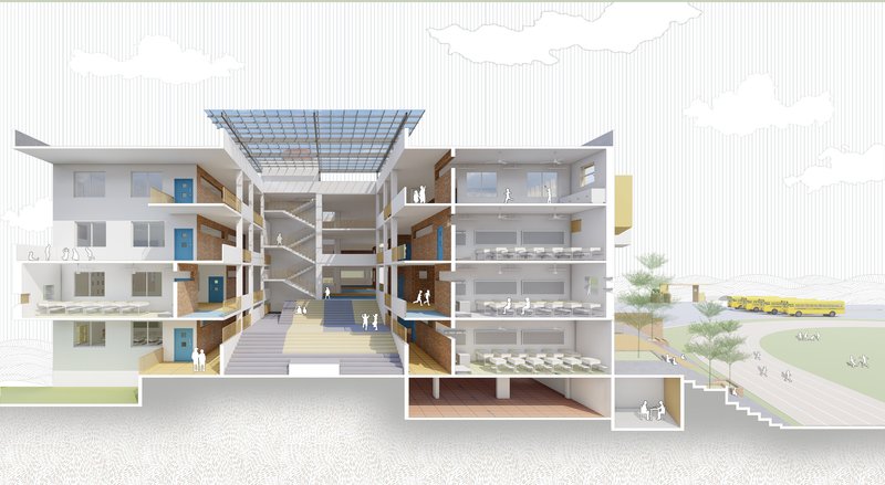 Section drawing showing central atrium with glazed roof canopy and interconnected circulation between residential wings
