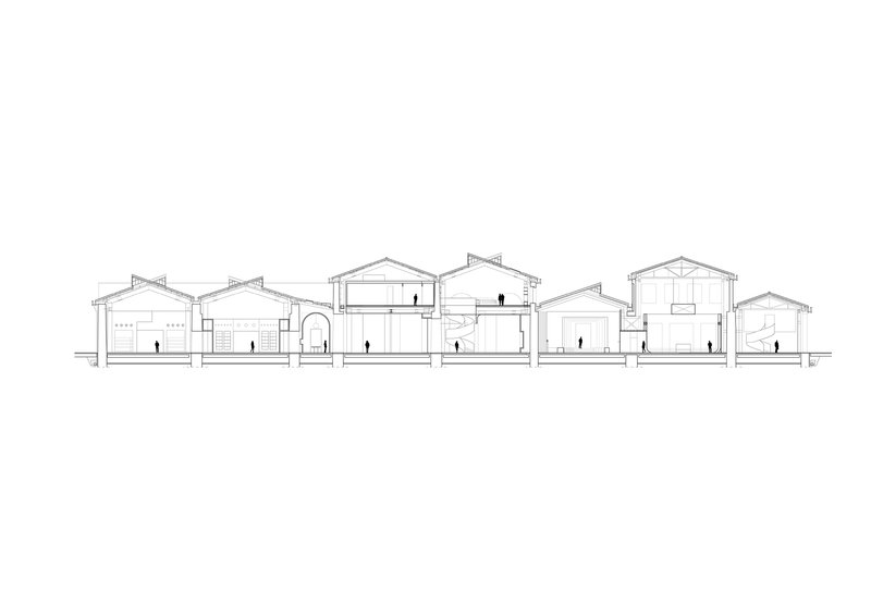 Section drawing depicting a series of gabled volumes at varying heights with figures inside