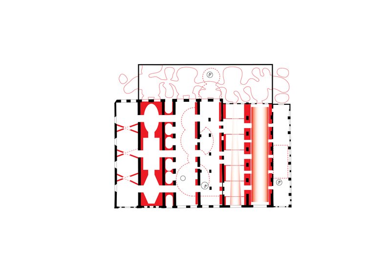 Floor plan drawing highlighting structural walls in red against a black and white base