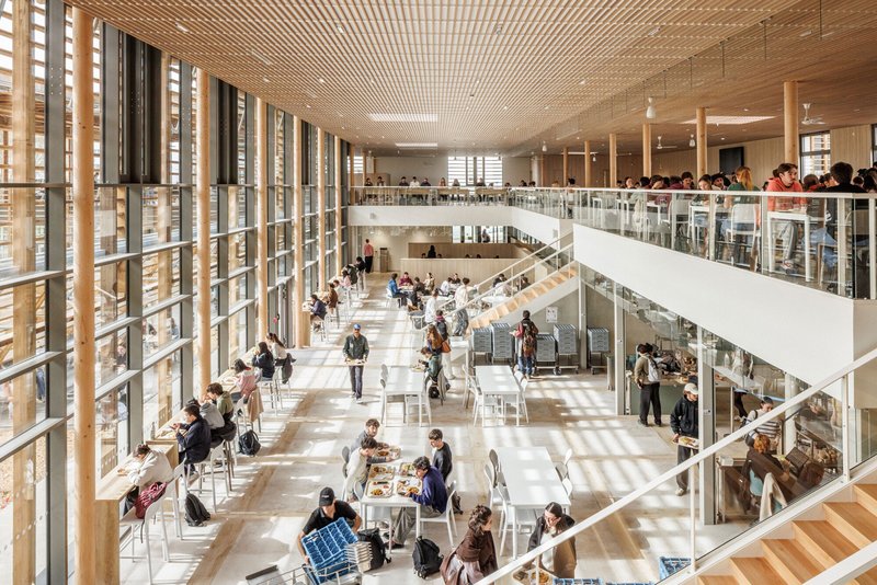 Interior atrium with slatted timber ceiling and open floors populated with people seated at tables