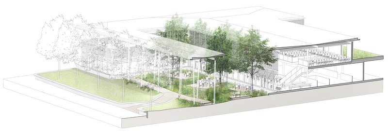 Cutaway axonometric drawing showing the multi-level structure with planted terraces and trees integrated throughout