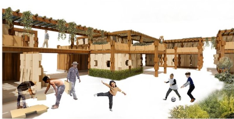 Residents assemble modular elements within a shared courtyard, turning reconstruction into a community-led process.