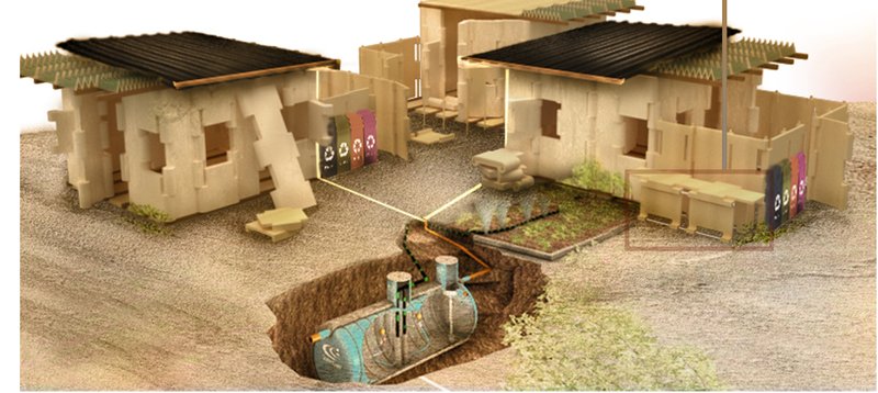 Modular housing units integrate gardens, water systems, and shared services for resilient post-earthquake living.