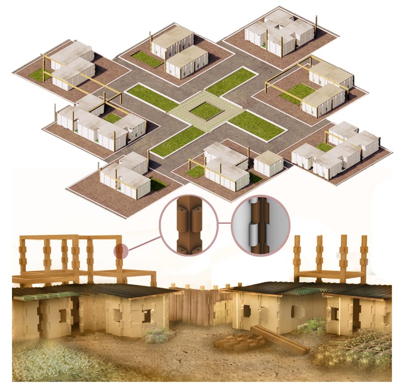 Clustered housing layout with hinged modules, courtyard spaces, and expandable structural connections.