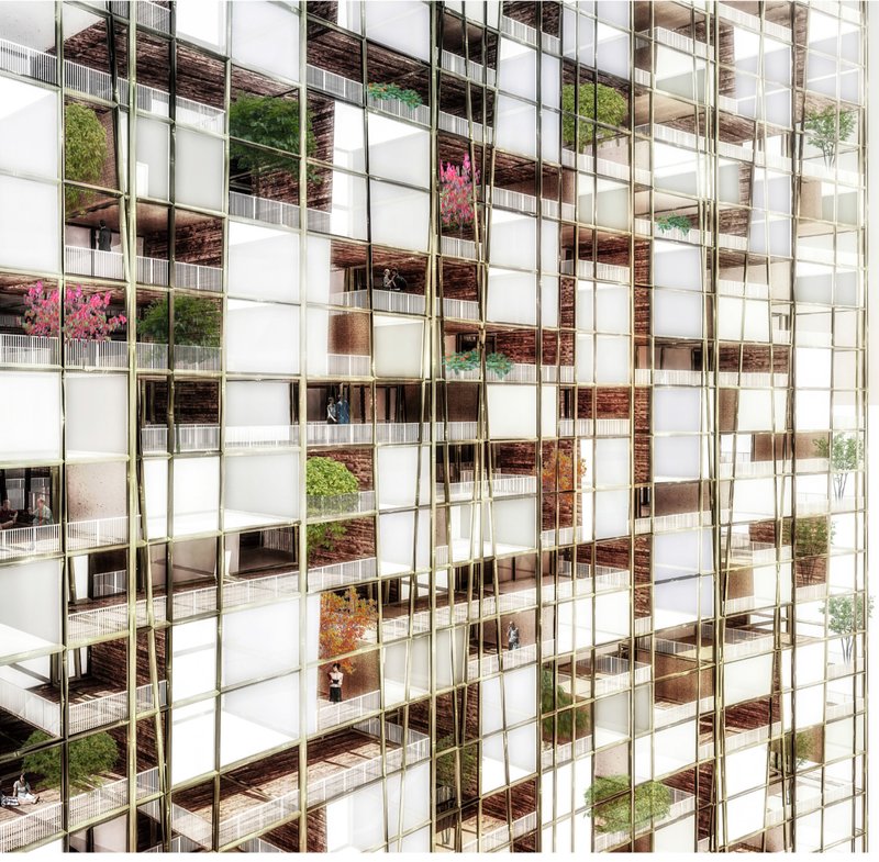 Flexible residential modules, planted terraces, and open voids create a dynamic facade for collective urban living.