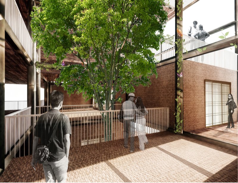 A shared internal courtyard brings daylight, greenery, and social interaction into the heart of the tower.
