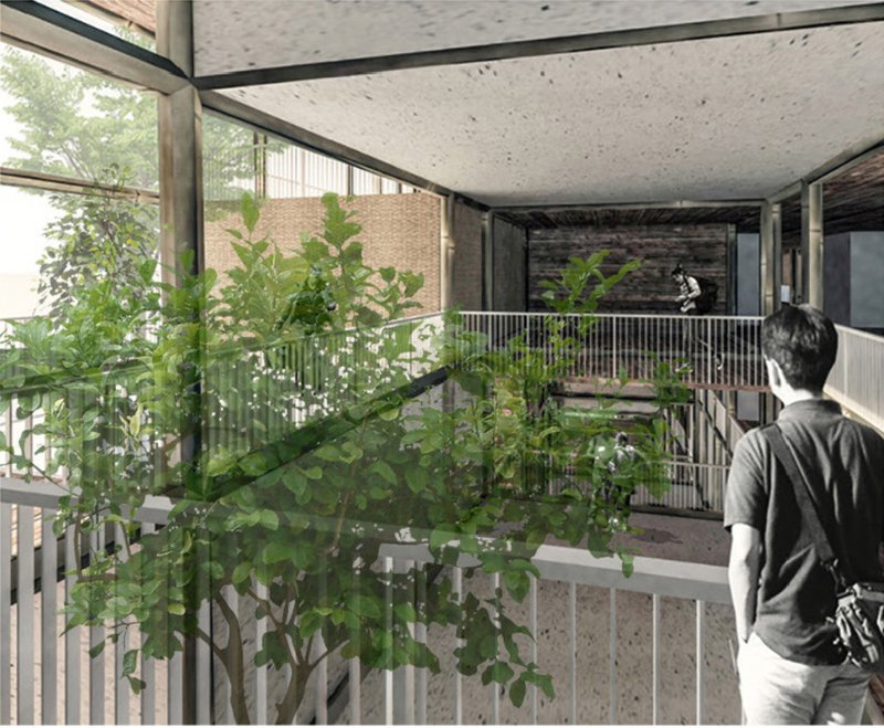 Layered walkways and planted voids connect residents through a porous, naturally lit vertical neighborhood.