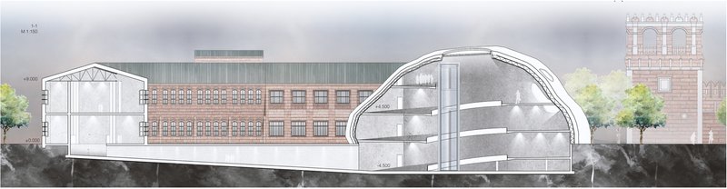 Section drawing showing the reflective museum volume inserted beside the preserved Bromley factory and nearby monastery context.