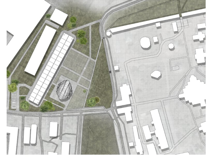 Site plan showing the renovated factory, public routes, surrounding urban fabric, and the museum’s sculptural intervention.