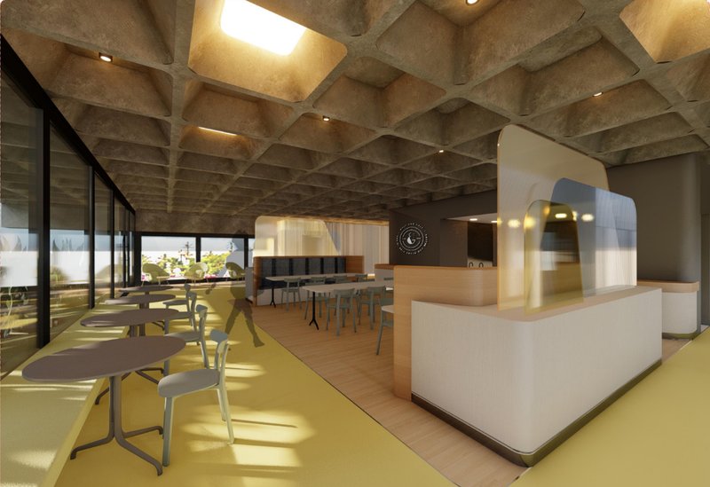 A bright student café and social hub with warm finishes, flexible seating, glass partitions, and ceiling skylights.