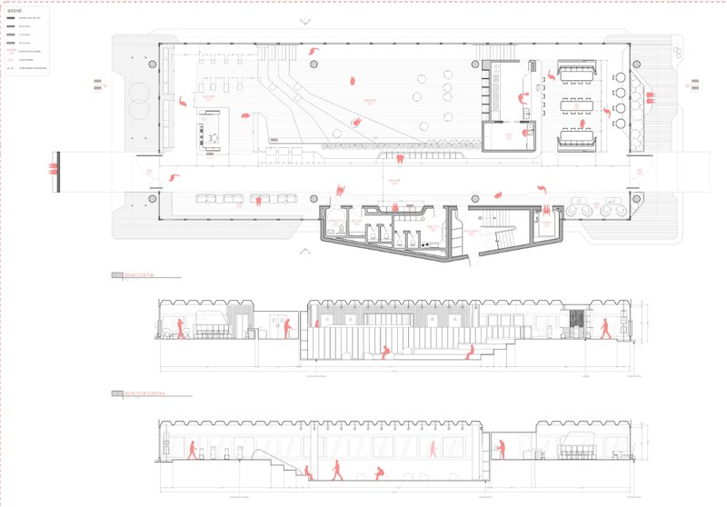 Ground floor plan and interior elevations showing the school’s public areas, circulation spine, and shared learning spaces.