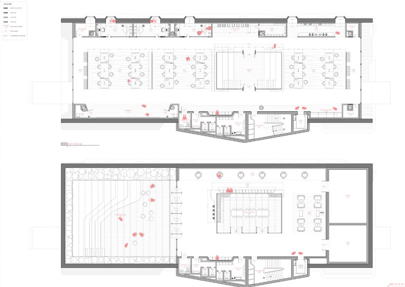 First floor and terrace plans highlighting studio layouts, outdoor gathering zones, and flexible academic spaces.