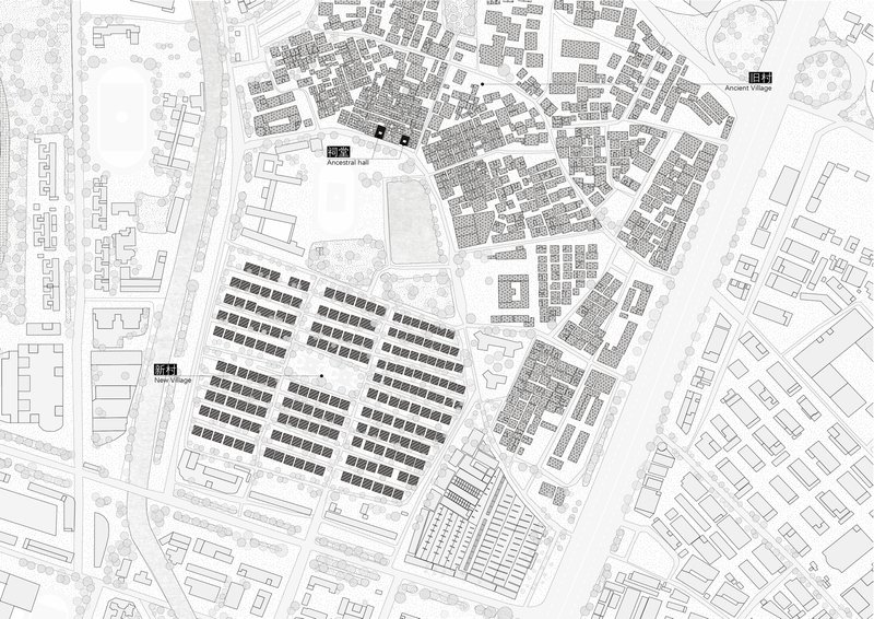 Site plan drawing showing residential blocks arranged in geometric rows with ancestral hall and landscaped areas